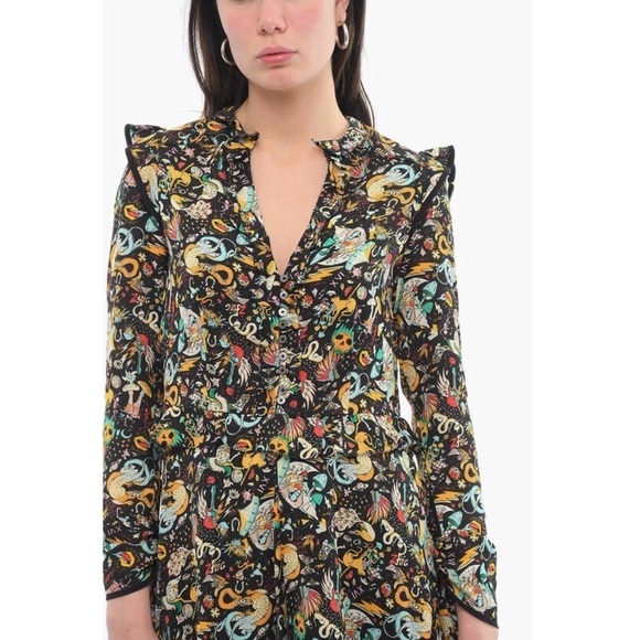 NEW ZADIG VOLTAIRE Circus Print Long Sleeve Tie Cuff Ruffled Button Up Dress XS - Picture 10 of 16